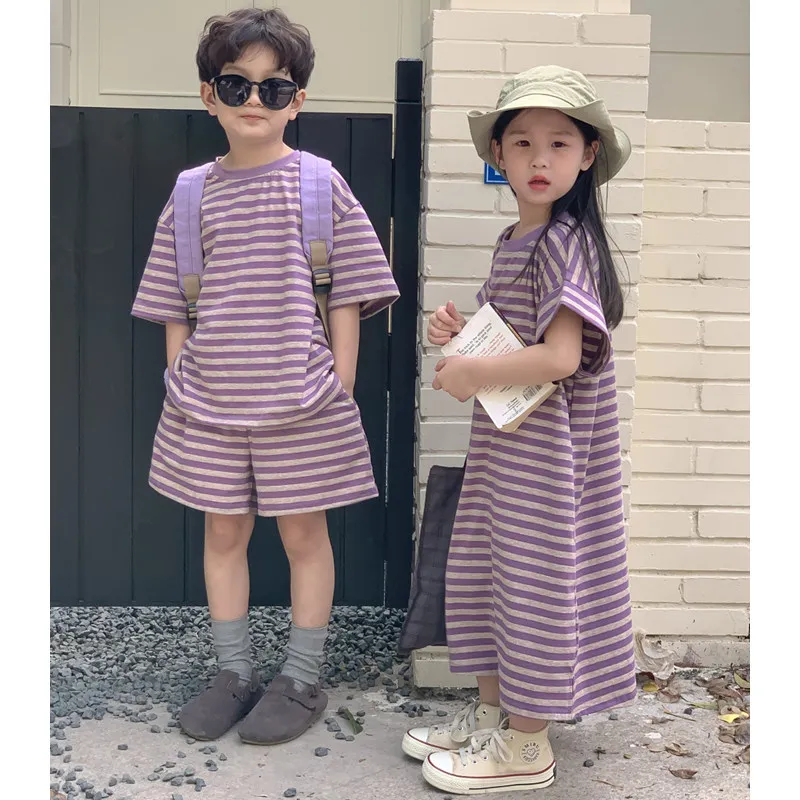 Family Summer Clothes Sister Brother Matching Twins Outfits Korean Mom Daughter Equal Dress Dad and Son Clothing Kids Boys Sets