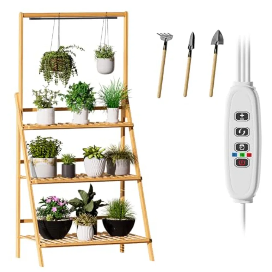 

Plant Stand with Grow Light 3-Tier Bamboo Hanging Plant Shelf for Flower Pot Organizer Foldable Display Rack for Home Balcony G