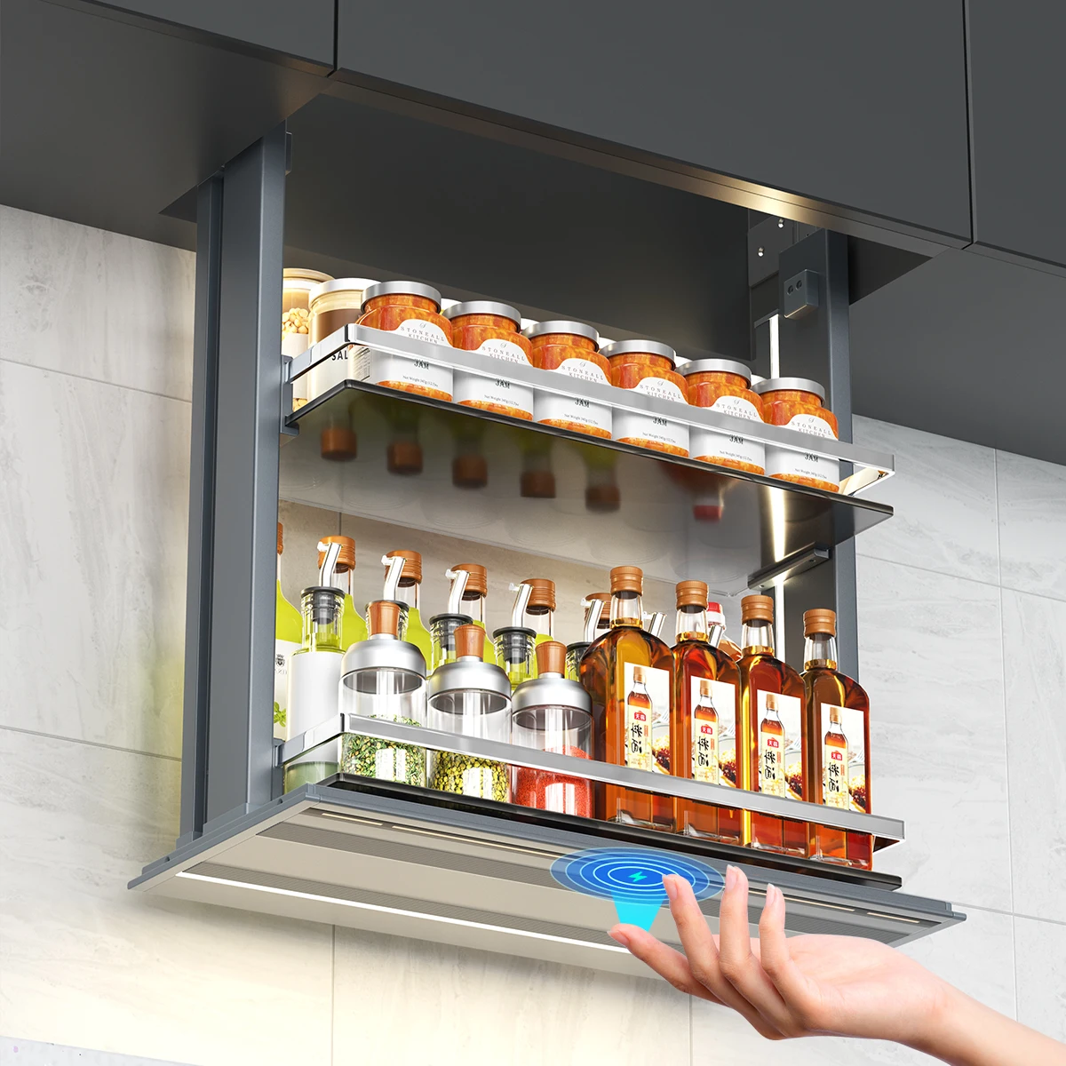 

Pro256 Touch Switch Pull Down Shelf for Upper Cabinets- Smart Kitchen Tools,Pull Out Spice Rack,Kitchen Pantry Cabinet Organizer