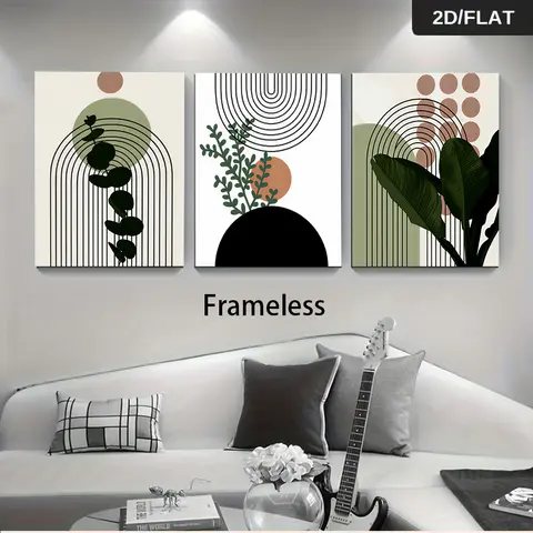 1 set of three frameless decorative paintings, abstract geometric plant wall hangings, 2D flat art for home decoration.