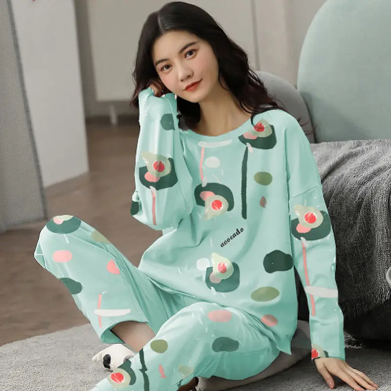 Women\'s Spring and Fall Pajamas Long-Sleeved Polyester Suit Kawaii Homewear Loose Sweet Girl Gift Floral O-Neck Cute Loungewear