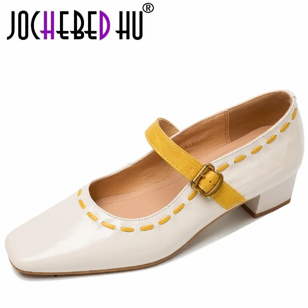 JOCHEBED HUHandmade Genuine Leather Square Head mid Heel Comfortable Walking Women's Slip-On Buckle Shoes 34-40
