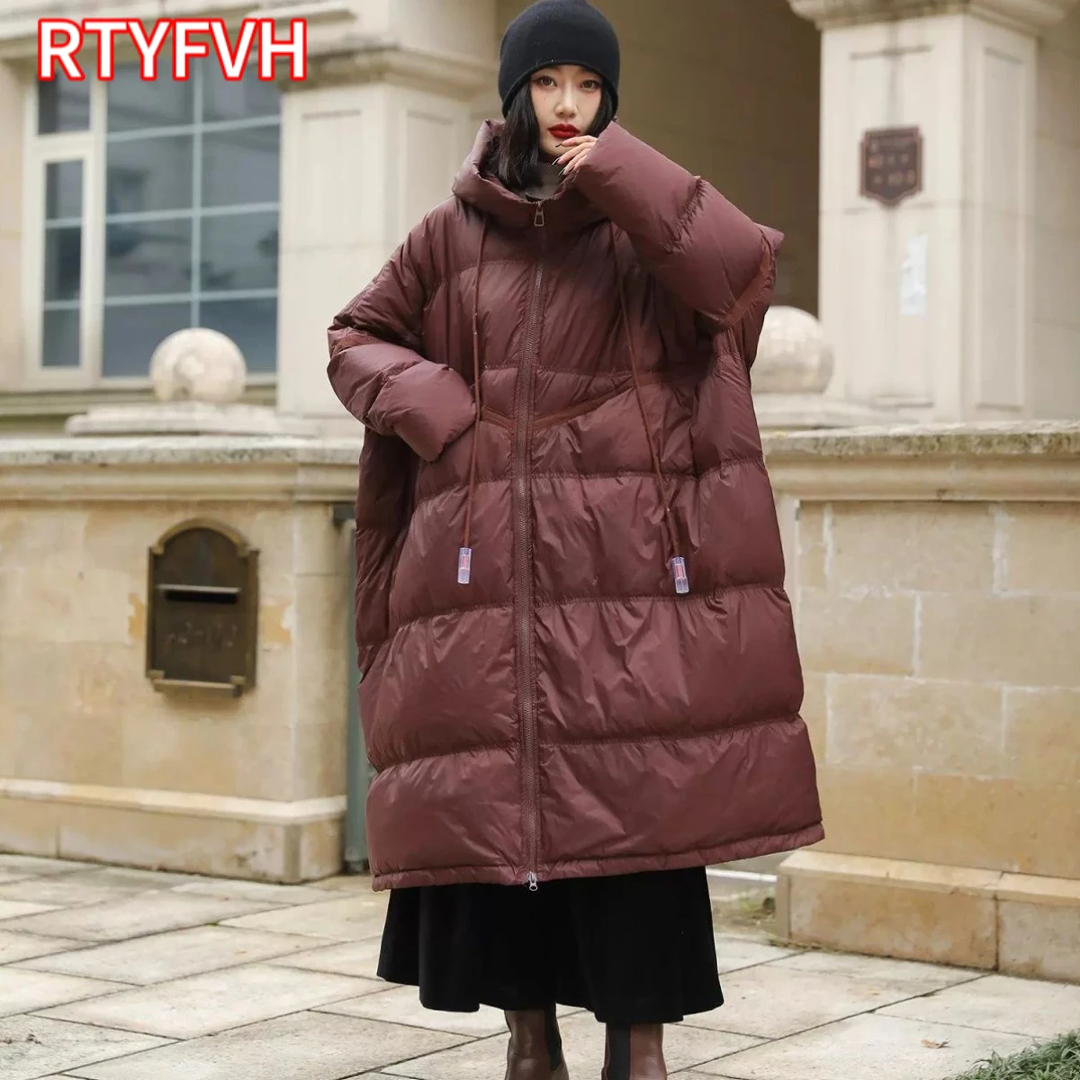 2024 New Winter Women Oversize Long Puffer Coat Female Thick Warm White Duck Down Jacket Hooded Loose Parkas Outwear