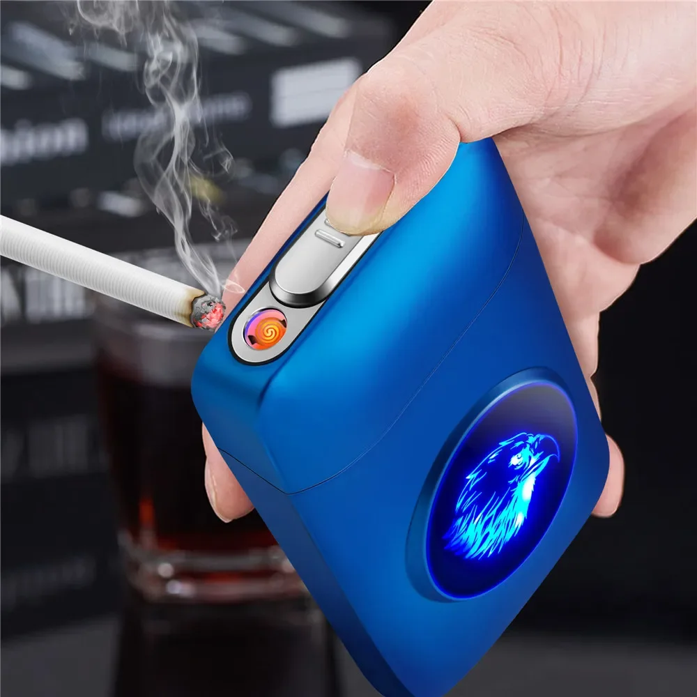 Cigarette Case With LED USB Windproof Lighter Glow With Animal Pattern Cigarette Storage Box Portable Cigarette Case Smoke Tool