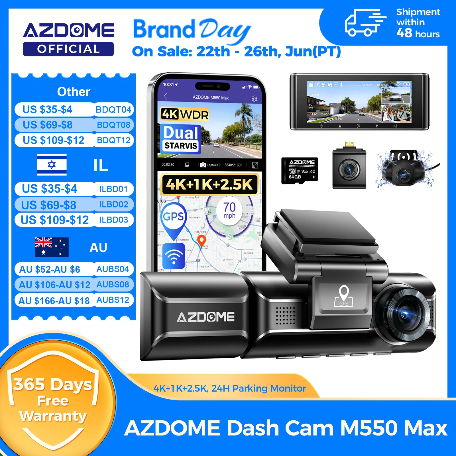 AZDOME 4K 대시 캠 M550 Max 내장 GPS Wifi 카메라 자동차 DVR 3.18" 화면 야간 투시경 24H 주차...