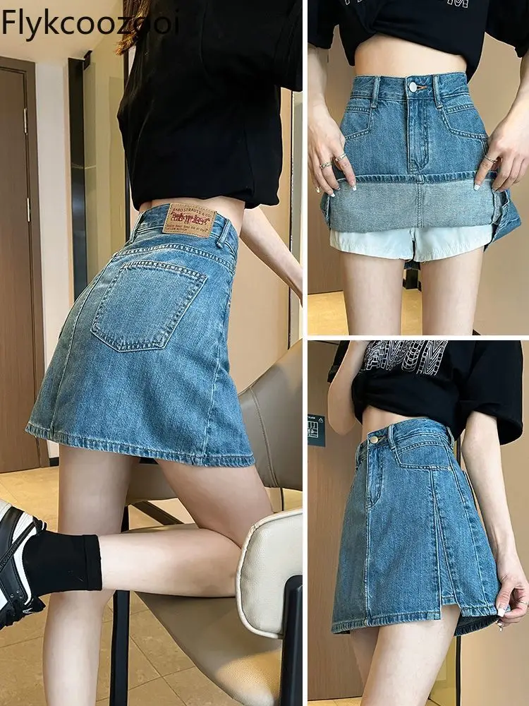 

Flykcoozooi Blue Denim Skirt for Women Summer New Korean Fashion Spicy Girl Anti Glare High Waisted Slimming A-line Mini Skirts
