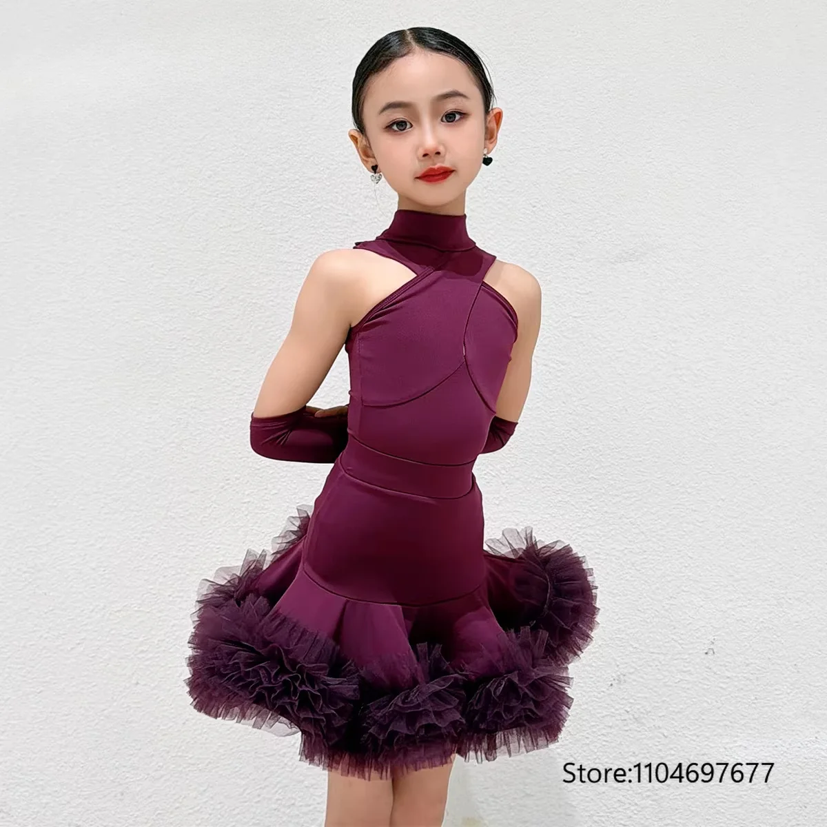 Girls Pink Latin Dance Dress Kids Cross Neck Ballroom Competition Costume Children Ruffled Tango Salsa Practice Outfit