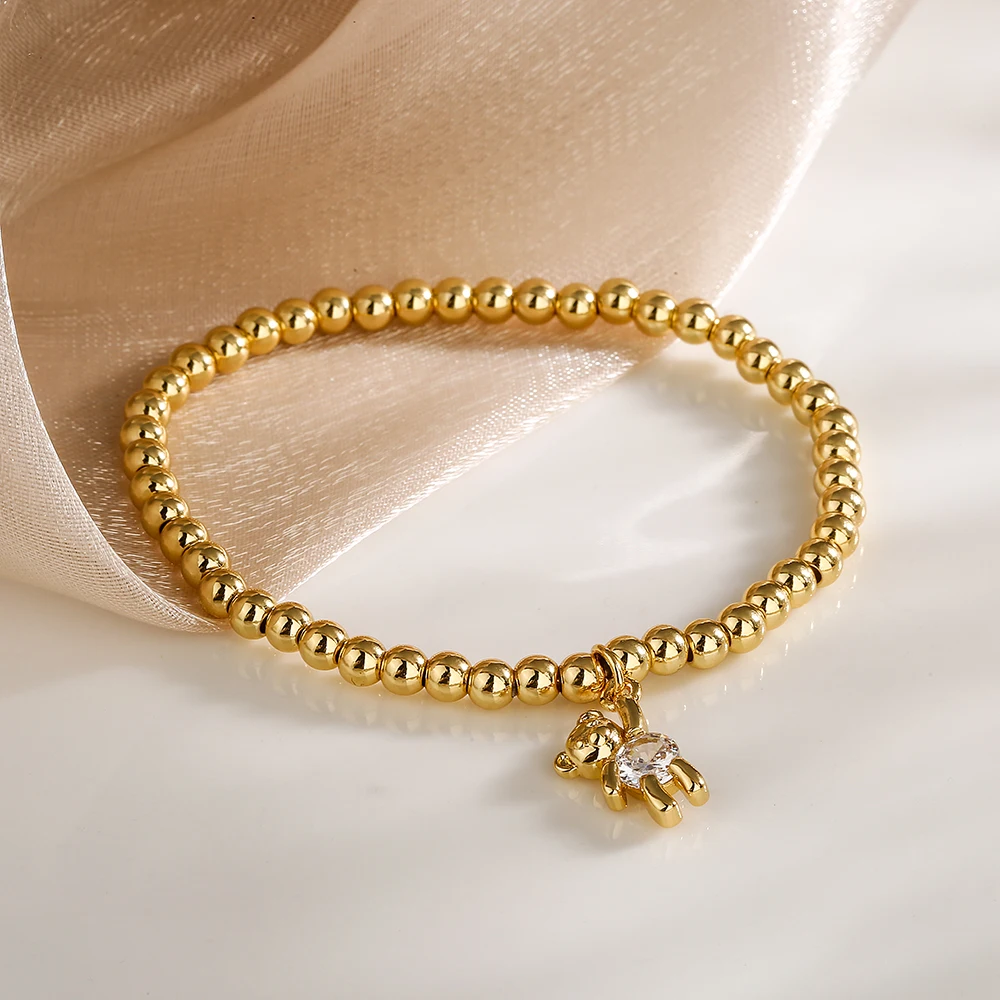 NEWBUY Trendy Gold Color Copper Beads Bracelets For Women White/Pink/Purple CZ Cute Bear Jewelry