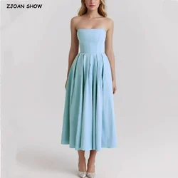 2024 Sexy Light Blue Slash Collar Backless Midi Long Strapless Dress Women High Waist Pleated Ruched Hem Swing Robe Party White