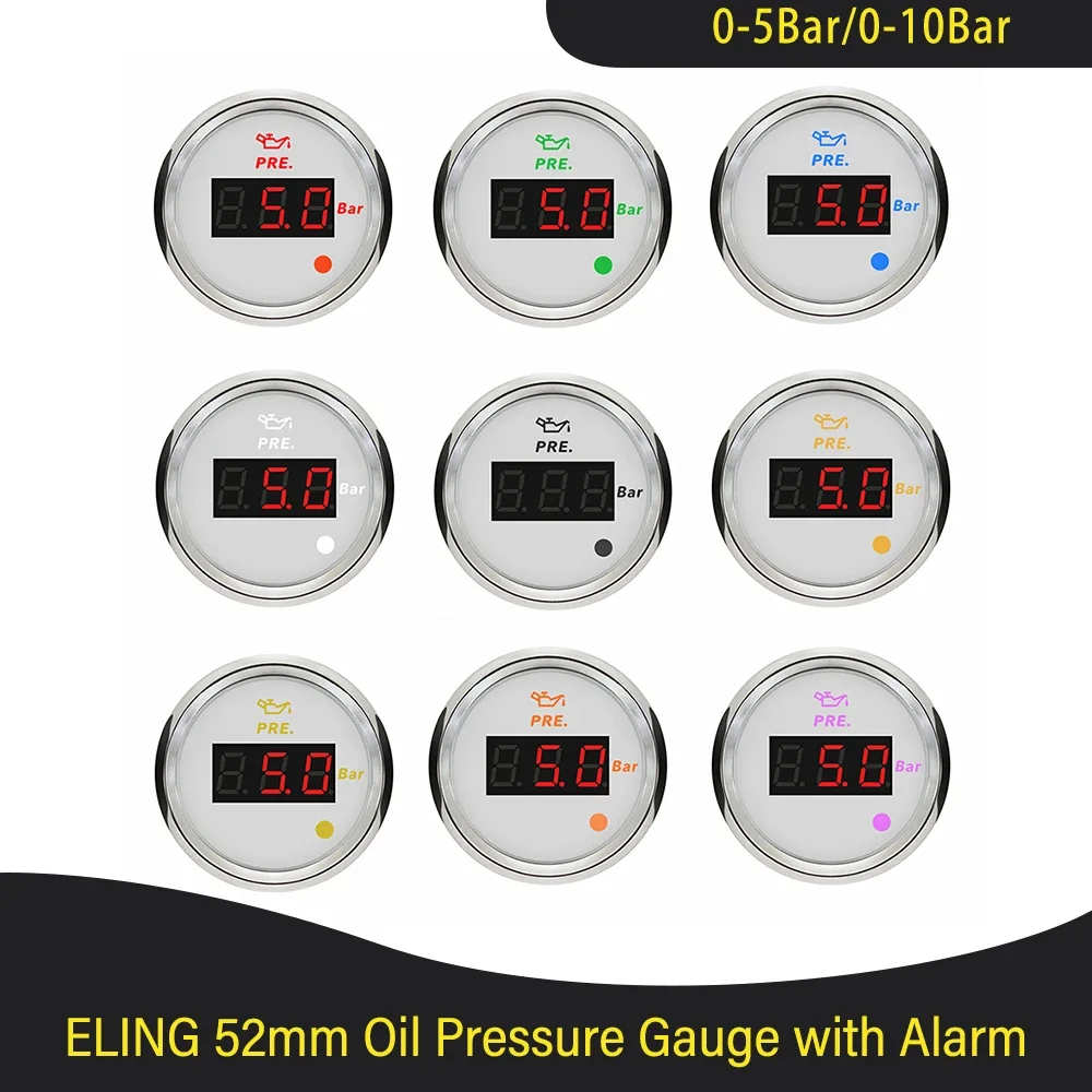

52mm Oil Pressure Gauge Meter 0-5Bar 0-75Psi 0-10Bar 0-145Psi with 8 Colors Backlight and Light Alarm for Car Boat Motorcycle
