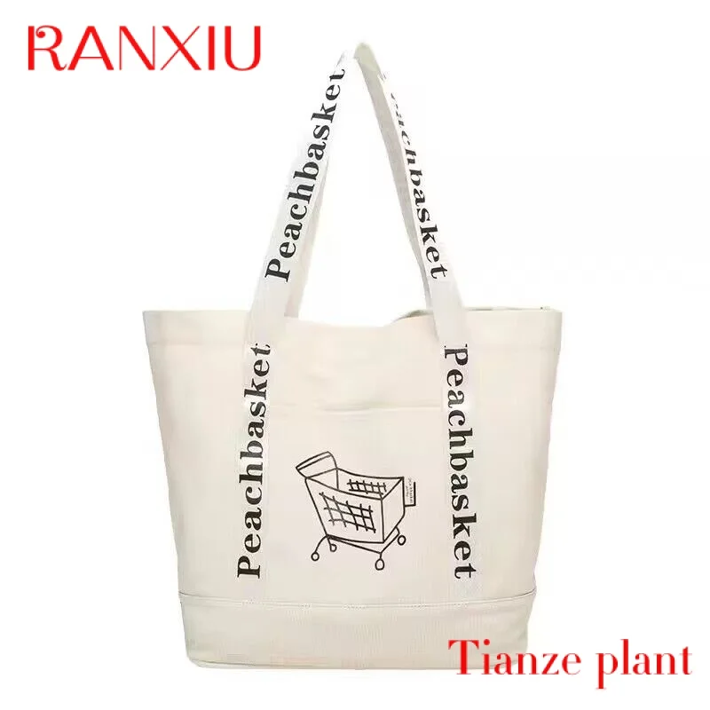 Custom Eco Wholesale customized logos handle tote beach shopping bag canvas cotton bag with zipper