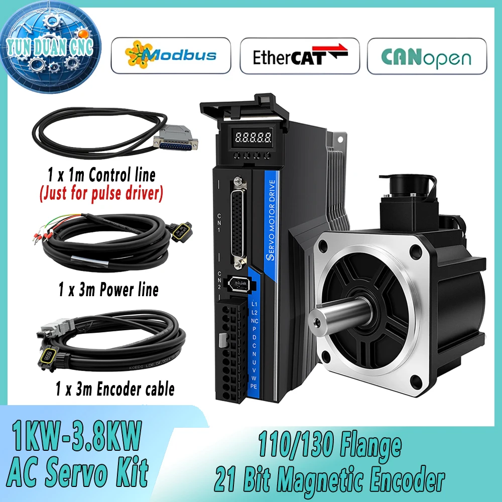 110/130 Flange Servo Motor 1.5KW 2.3KW 3.8KW AC Servo Motor Driver Set With Brake 21 Bit Magnetic Encoder Pulse/EtherCAT/CANopen