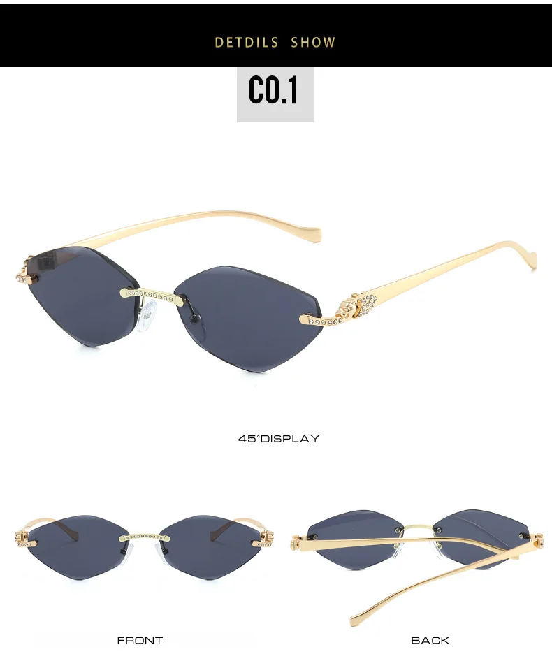 Neue Ins-Famous randlose Cat-Eye-Sonnenbrille – dünner Goldmetallrahmen mit Strasssteinen, UV-Schutz, trendige Farbtöne – Detail 7