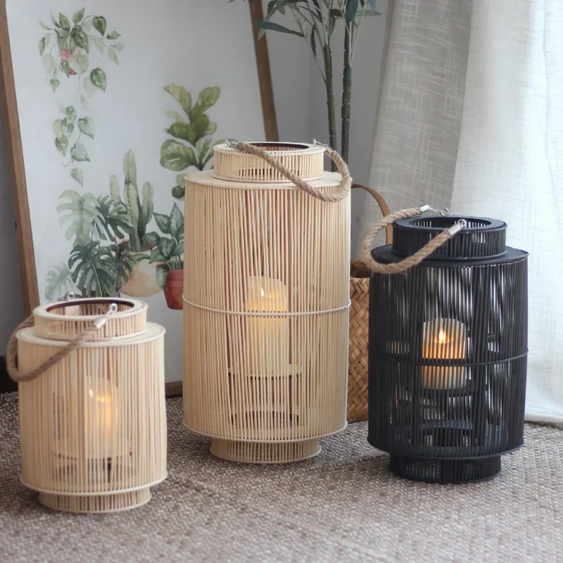 Japanese Style Retro Nordic Handmade Woven Wind Lamp Candlestick Home Decoration Hotel and Homestay Soft Furnishings