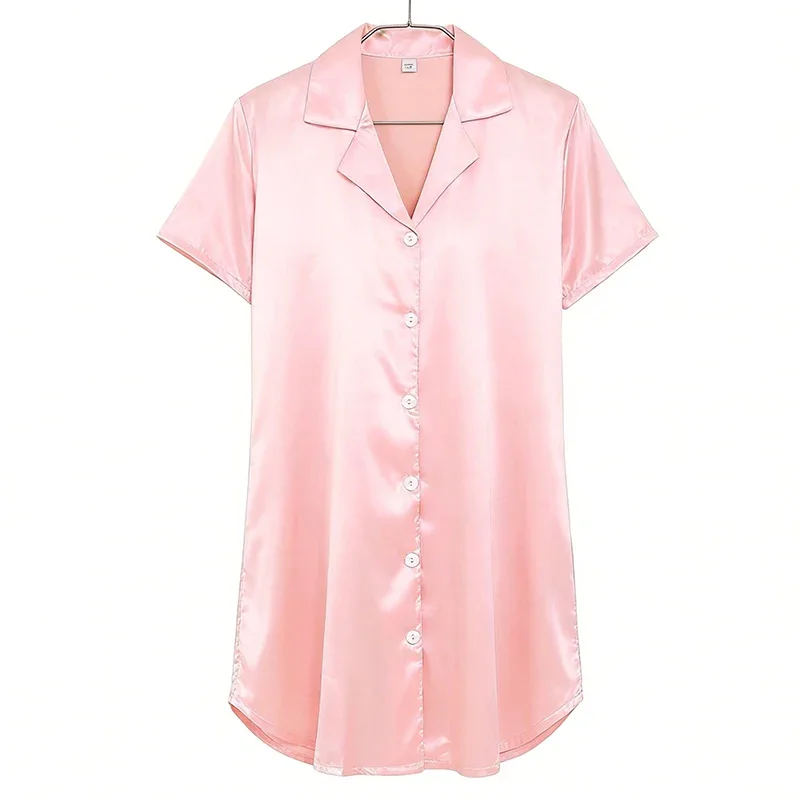 Women's Short Sleeved Pink Lapel Button up Shirt A-Line Elegant Sleeping Dress European and American Plus Size Solid Color