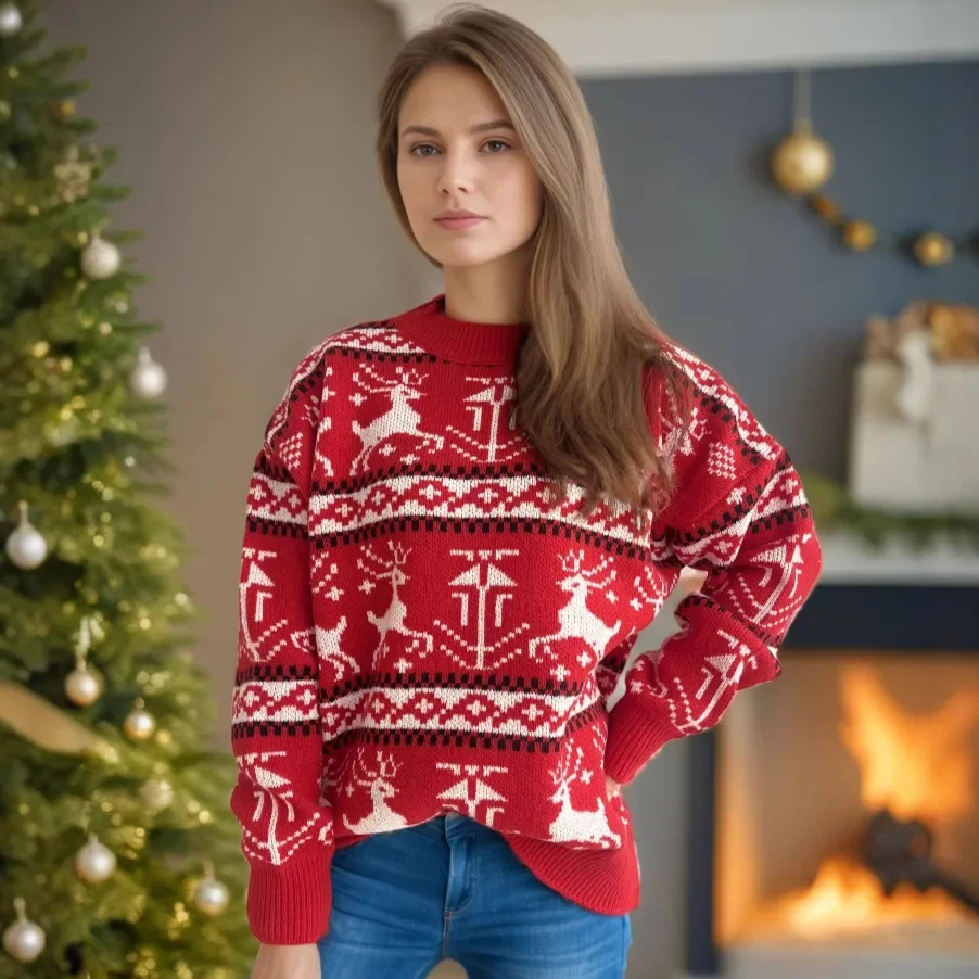 2024 عبر الحدود الأمازون الخريف/الشتاء عيد الميلاد سترة جولة الرقبة بلوفر مغزول المرأة مع نمط الغزلان