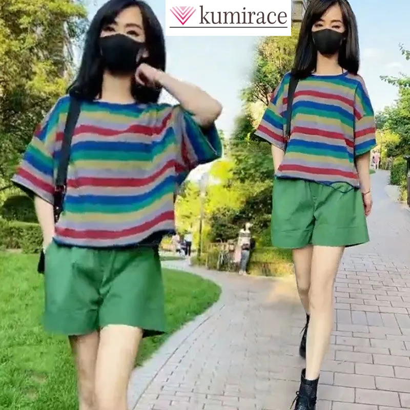 

Fashion Women's Set New Spring/summer Korean Version Loose Striped T-shirt Top+wide Leg Pants Elegant Women's Two-piece Set