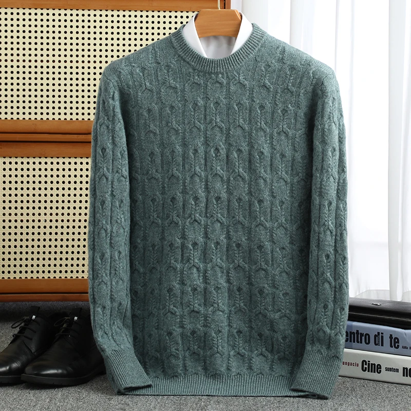 Solid casual winter loose fitting sweater with round neck for men 100% pure Woolen sweater thickened men's priming pullover