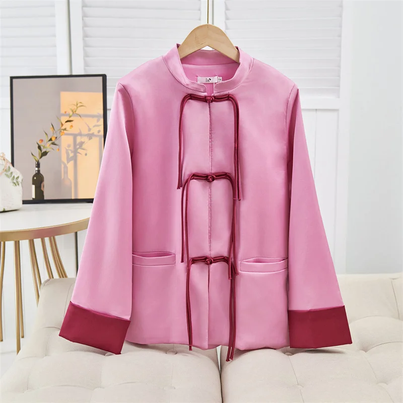 Chaqueta de mujer, chaqueta de mujer, cárdigan chino Retro rosa alta, abrigo de primavera para mujer, traje Tang de estilo nacional, abrigo con hebilla