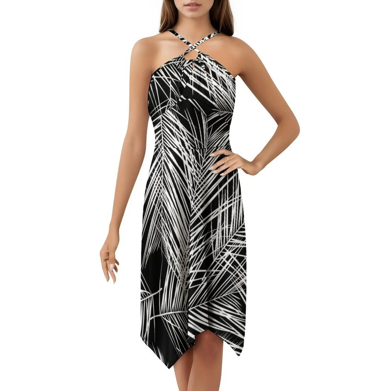 خلفية الصيف الاستوائية المرسومة يدويًا: فستان قصير على طراز Preppy باللون الأسود والأبيض للنساء على شكل حرف A فستان يوم كاجوال فضفاض مناسب #5