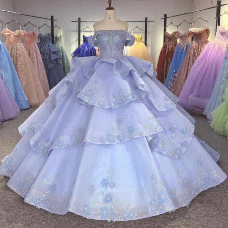 

Blue Shiny Quinceanera Dresses Ball Gown Off The Shoulder Sequin Applique Lace Beading Crystal Tull Corset Sweet 16 Dress Vestid