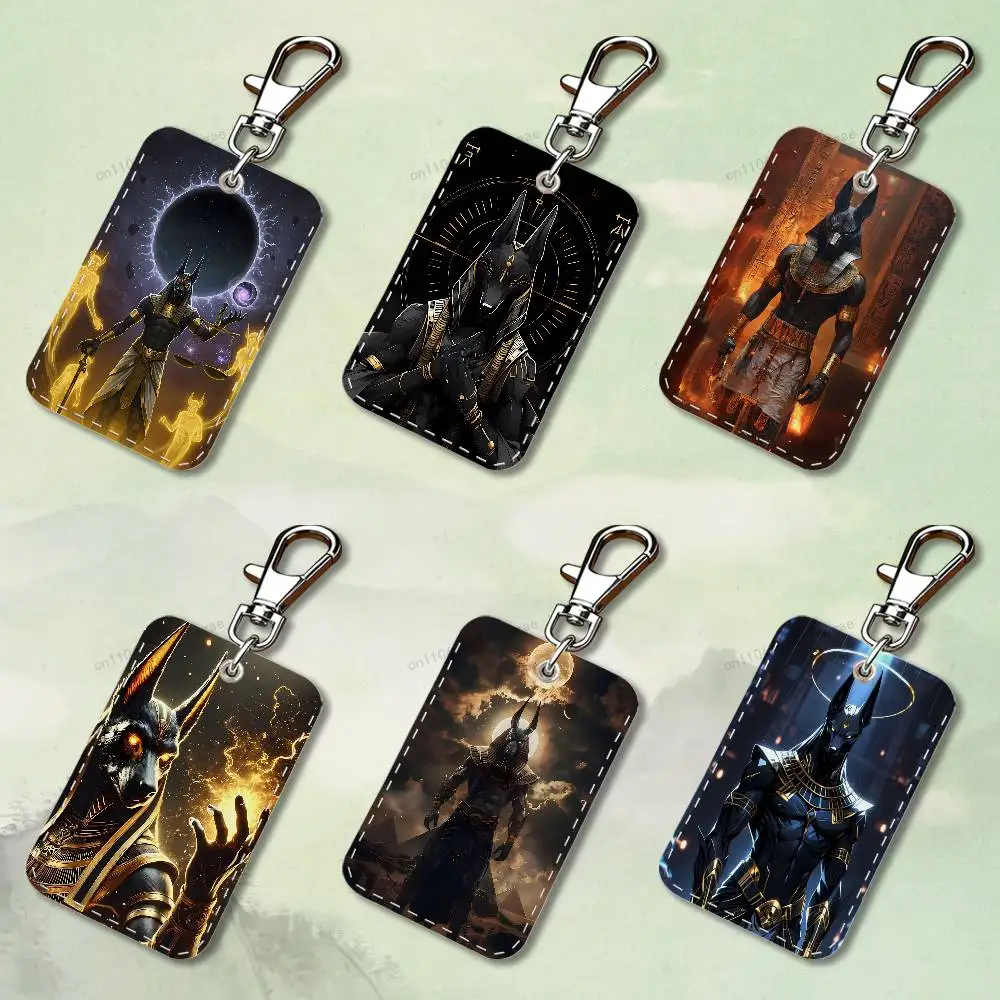 Egyptian Myth Anubis God Rectangle Card Case Keychain Access Card Bag Key Tag Ring Leather Card Holder Key Ring Access