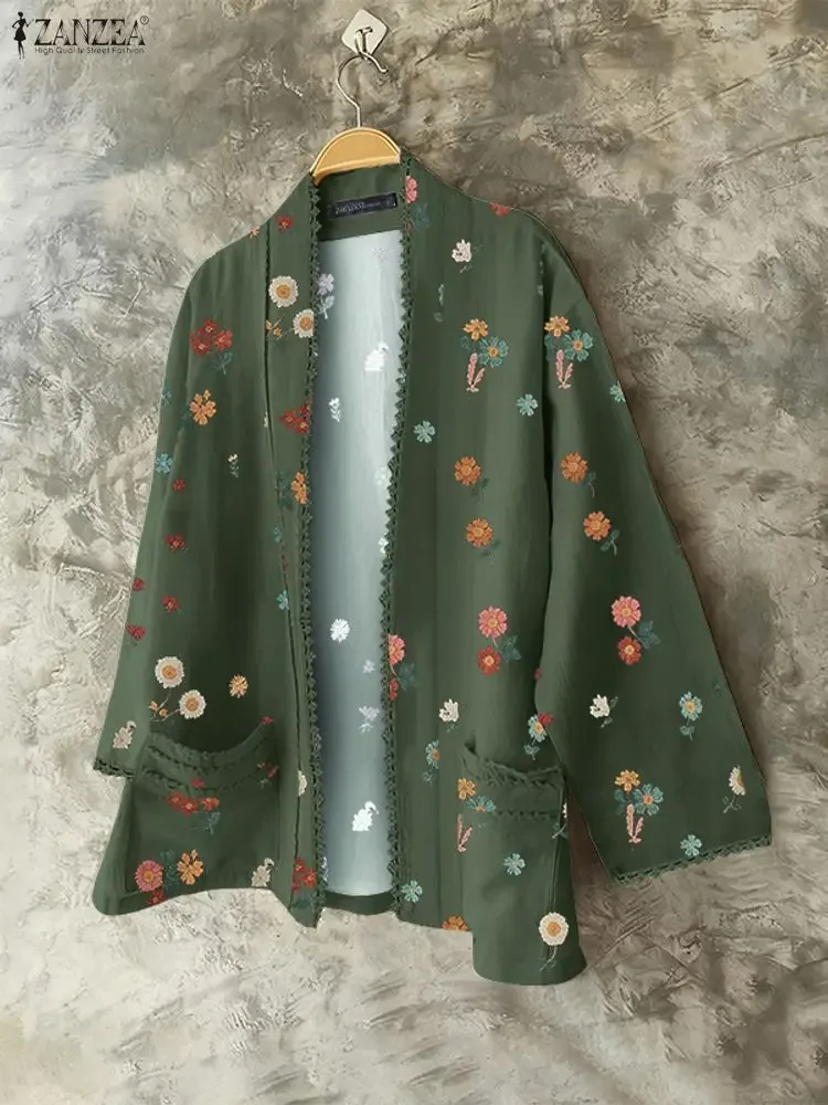 ZANZEA dentelle Patchwork imprimé fleuri Cardigans pour femme décontracté à manches longues chemises ouvertes devant 2025 automne mode vêtements quotidiens