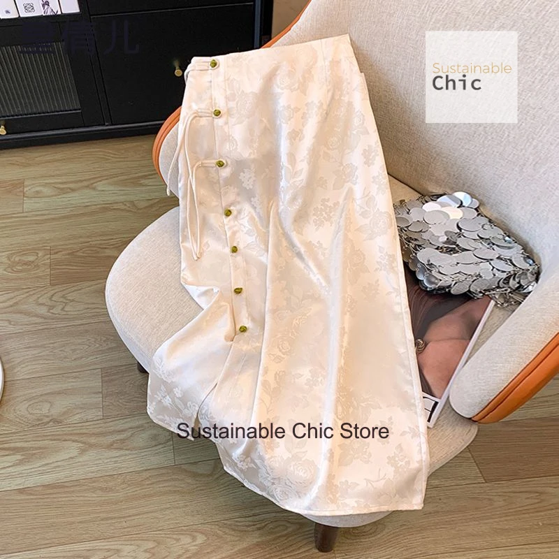 New Chinese style improved cheongsam skirt women's spring and autumn jacquard overskirt high waist slim buckle split hip skirt
