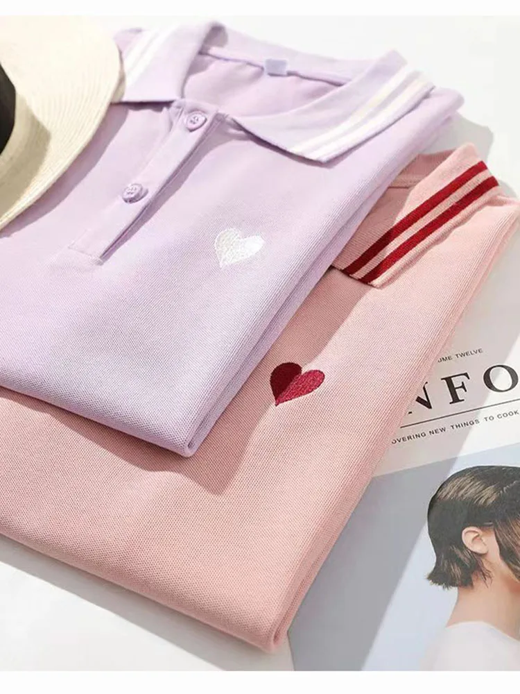 

Women's Summer Short-Sleeved Polo Shirt Pure Cotton Loose Solid Color Lapel Summer Female Love Logo T-Shirt Golf Large Tops