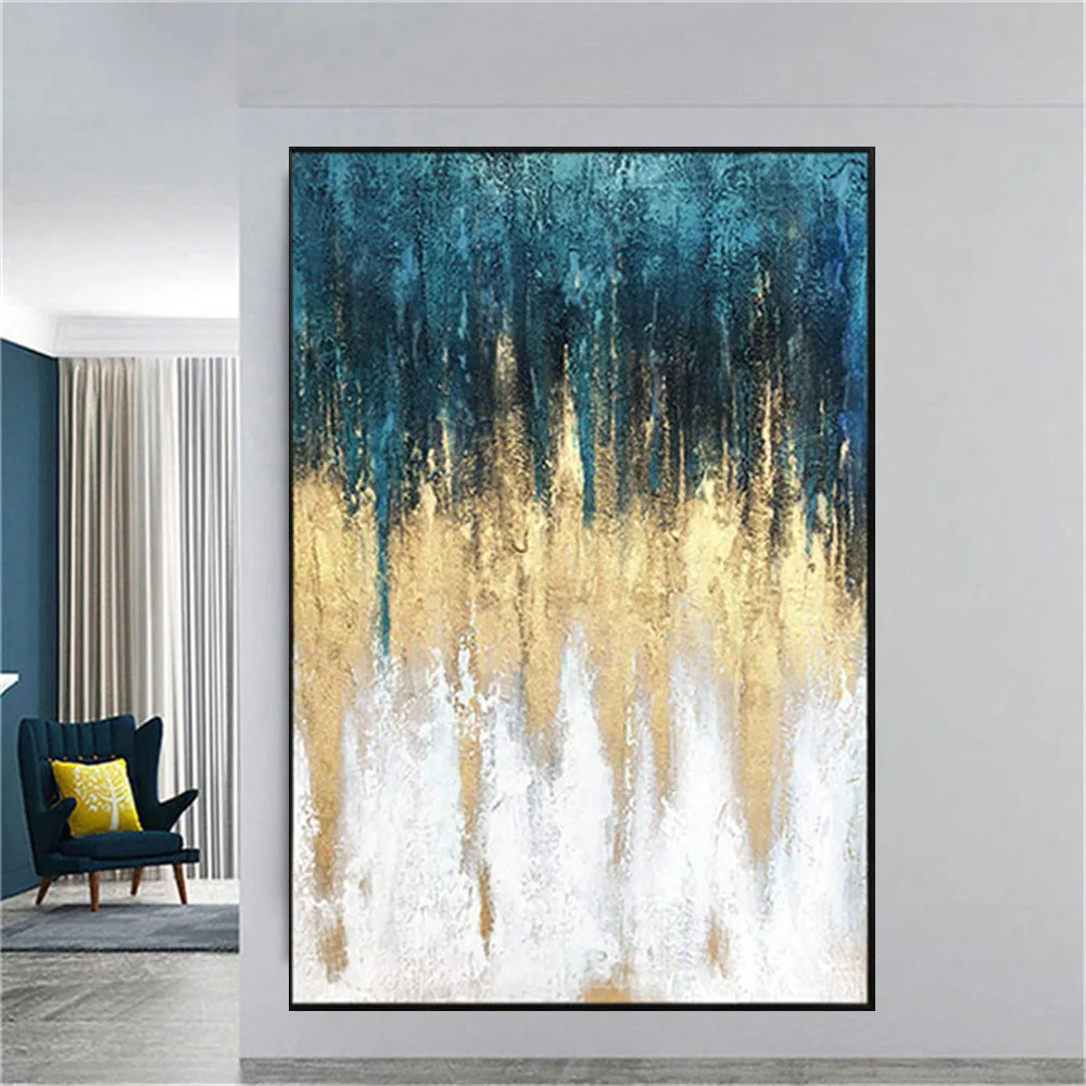 

Abstract Gold Foil River Blue Canvas Poster Decor Living Room Bedroom 100% Hand-painted Texture On Panel Modern Oil Painting