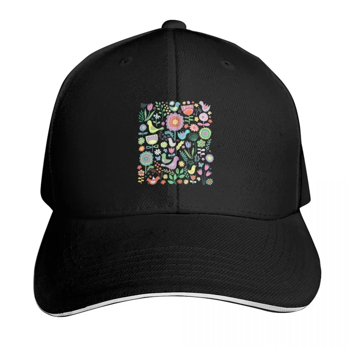 Birds and blooms - pastels on black - pretty floral bird pattern by Cecca Designs Baseball Cap