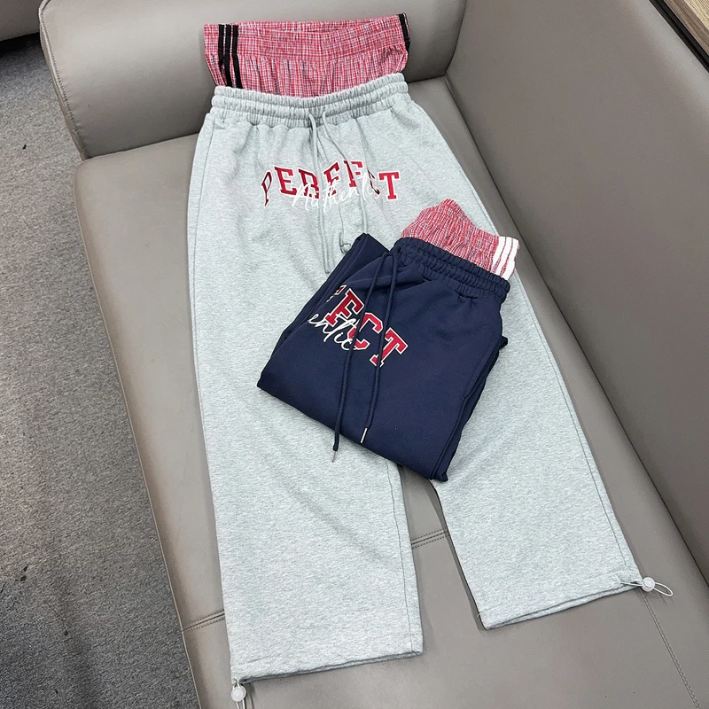 

Fake Two Pieces Plaid Double Waisted Embroidery Casual Pants Men Women Jazz Dance Casual Loose Straight Wide Leg Trousers