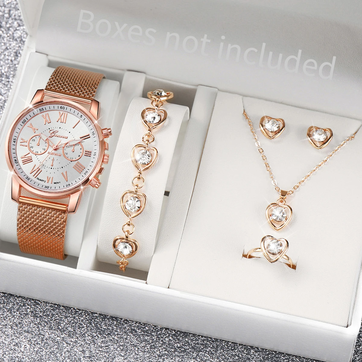 5PCS/Set Geneva Watch Fashion Women Watches Rhinestone Heart Jewelry Set Casual Plastic Band Ladies Quartz Watch（Without Box）