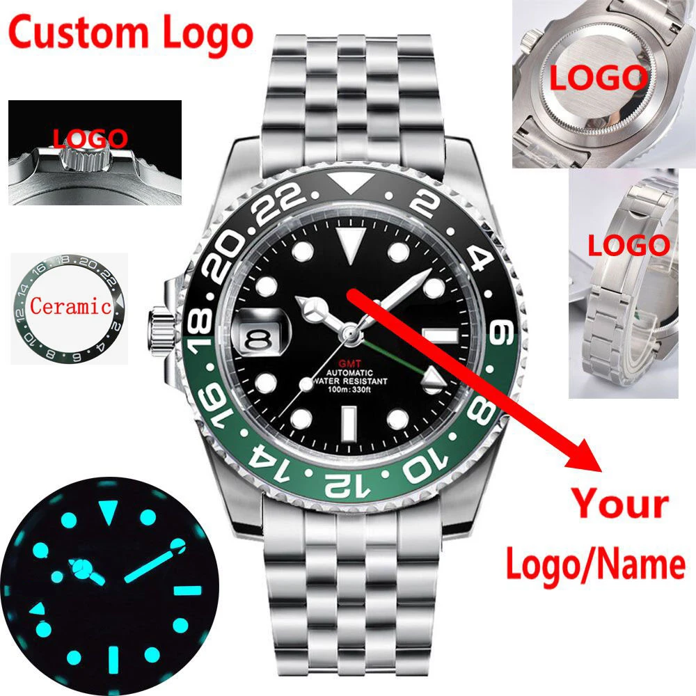 Custom 40mm Men Luxury NH34 GMT Watch Automatic Mechanical Sapphire 10BARS Ceramic Bezel Luminous Wristwatches Steel Relogio