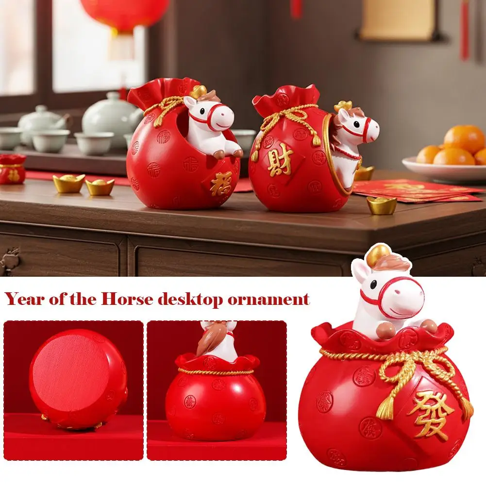 

2026 Chinese Horse New Year Decor Red Envelope Resin Desktop Ornament Cute Lucky Horse Figurine Wealth Fortune Home Office Decor