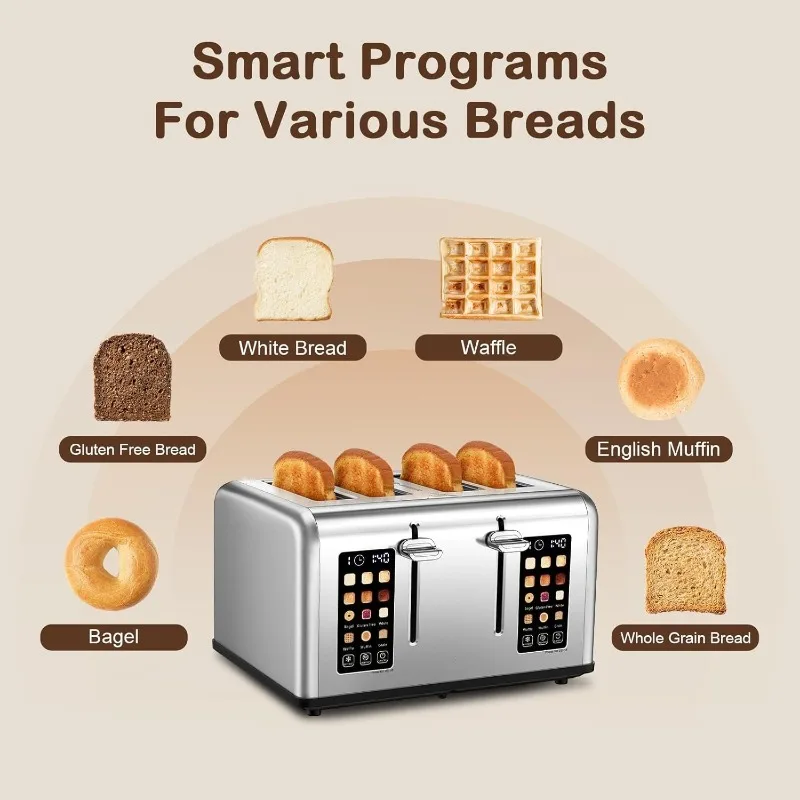 4 Slice Toaster with Touch Screen Control, 4 Wide Slots, Stainless Steel Smart Bread Toaster for Bagels, Muffins, Waffles