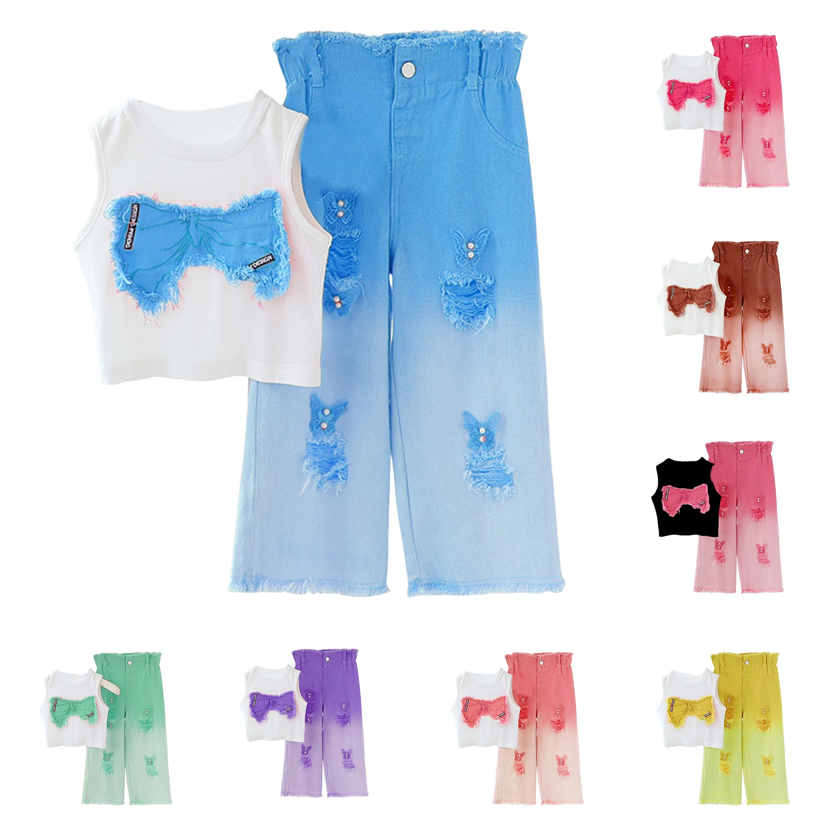 

Детские модные топы без рукавов для девочек, джинсовая одежда, летний детский потертый джинсовый комплект из двух предметов для девочек, повседневная повседневная одежда