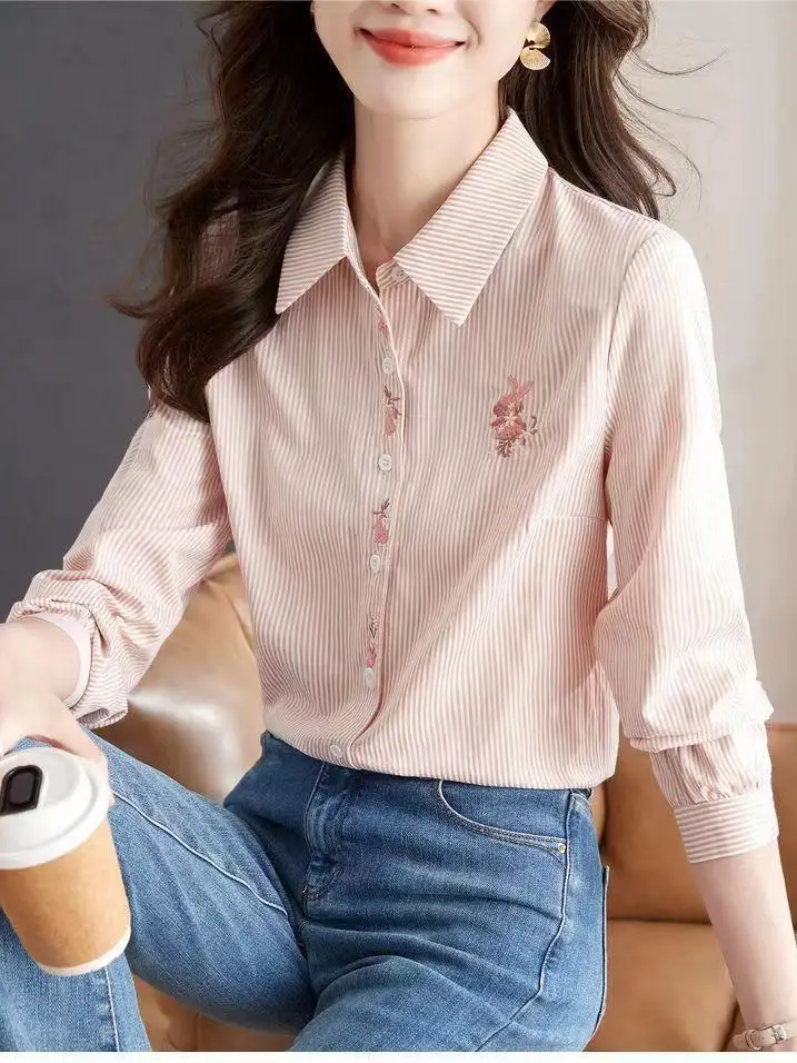 2024 New Style Lapel Long Sleeved Shirt with Striped Fashion Style Simple and Stylish Shirt Trendy and Versatile Loose Top