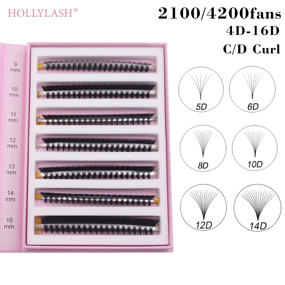 HOLLYLASH 7 Rows Premade Volume Fans Lashes 2100/4200fans 4D 5D 6D 8D 10D 12D 14D 16D Pointy Base Russian Eyelashes Extension