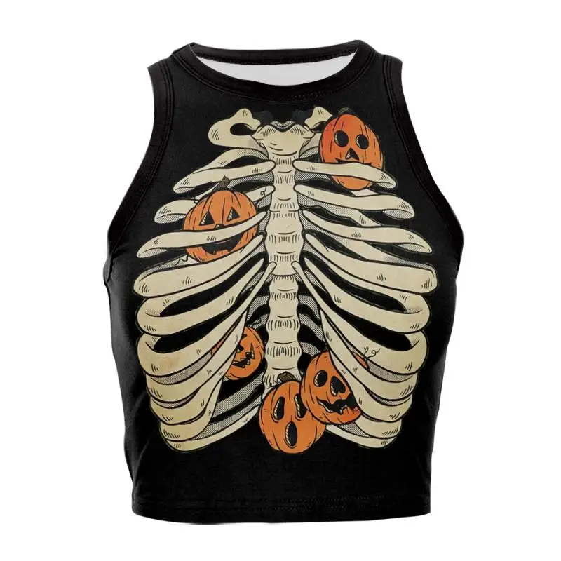 Nadanbao Damen-Crop-Top mit Geister-Kürbis-Print, kurze Weste mit Rosen-Totenkopf-Muster, sexy, schmales, ärmelloses Hemd, Halloween-Party-Top – Detail 21