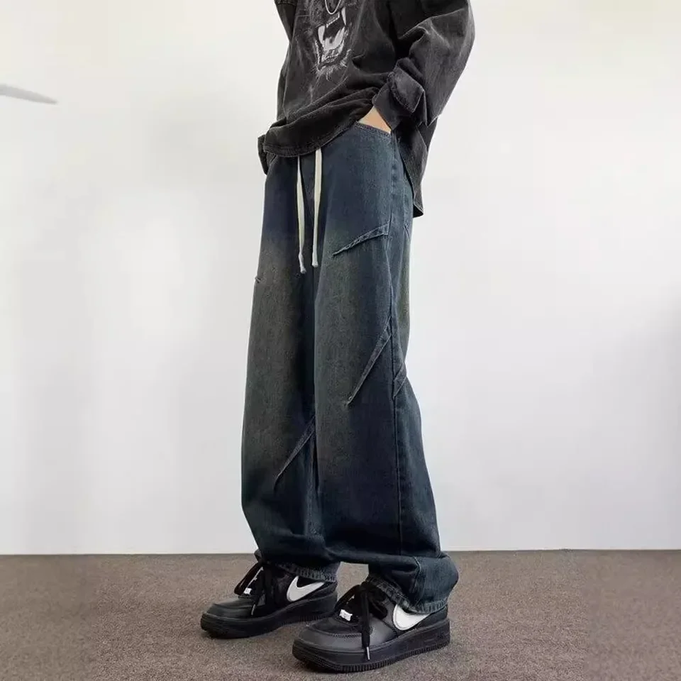 

Men's Jeans New Summer Niche Wide-leg Pants Loose Straight Retro Blue Drawstring Pants