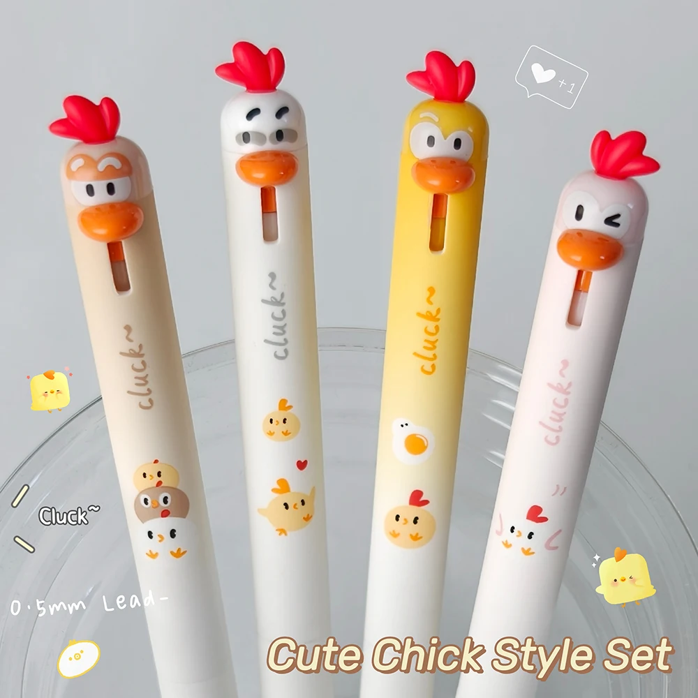 4Pcs Mechanical Pencils + 1 Pc Eraser Cute Chicken Mechanical Pencil Set 0.5mm Fun Drawing Pencil Learning & Office Use
