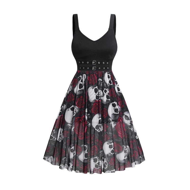 Women Summer Dresses 2024 Skull Rose Print Grommet Buckle Design Tank Dress Double V Neck Sleeveless Gothic Dress Black Dresses