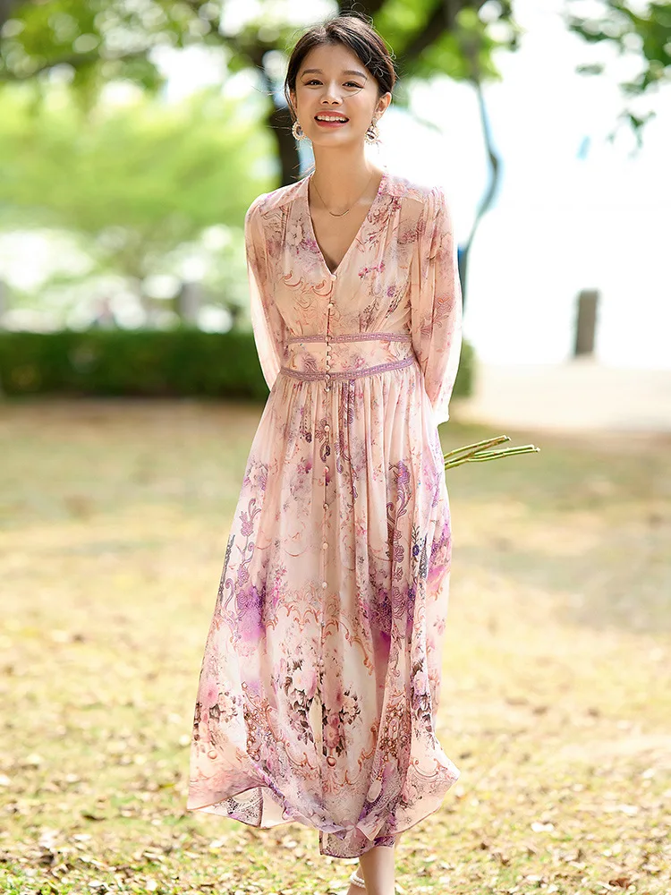 Winsleter - Elegancka sukienka damska ze 100% prawdziwego jedwabiu, dekolt w serek, rękaw 3/4, wzór, francuskie sukienki na wakacje na plaży, nowość jesień 2025 D59673CC