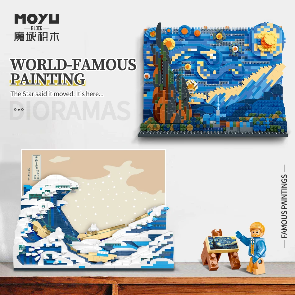 Creative Art Van Gogh Paintings 3D The Starry Night MOC The Great Wave of Kanagawa Micro Building Blocks Education Toys Kid Gift