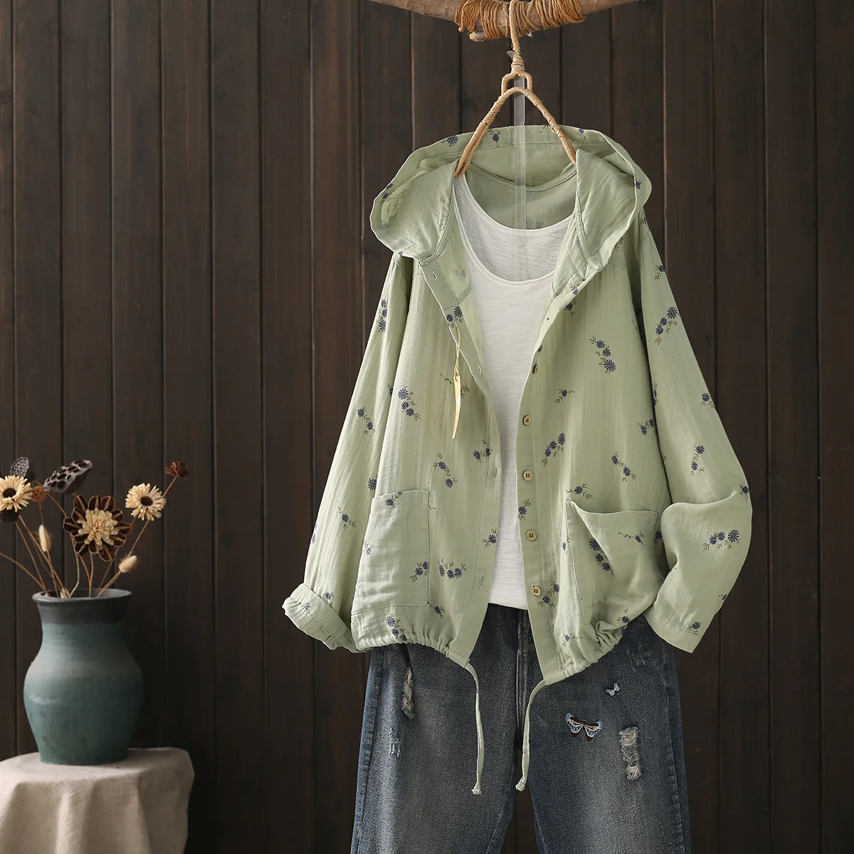 Middle Aged Women Clothes Double Layer Cotton Yarn Green Coffee Print Hooded Shirts and Blouses for Women Hoodies Jacket Outwear 5