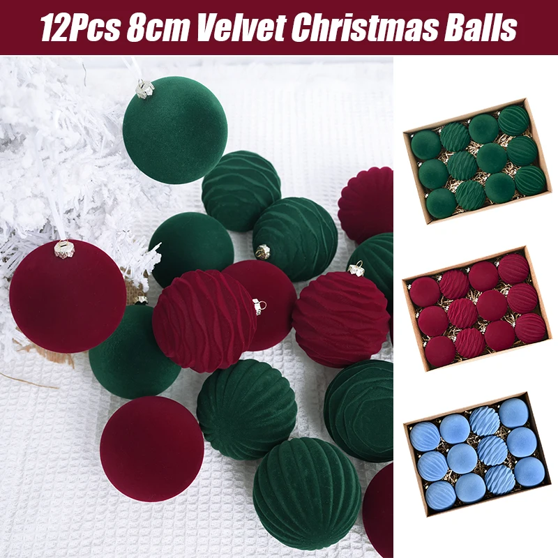 

12Pcs Velvet Christmas Balls Ornaments Red Green Xmas Tree Decorations Hanging Pendants for Home Festival Party Holiday Decor