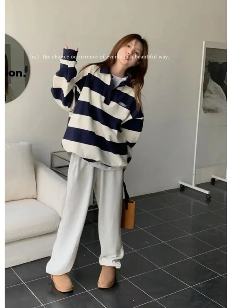 Korean New Pattern Style Pullover Female Fashion Polo Sweatshirt Ladies Casual Long Sleeve Top Harajuku Striped Sweatshirt Women