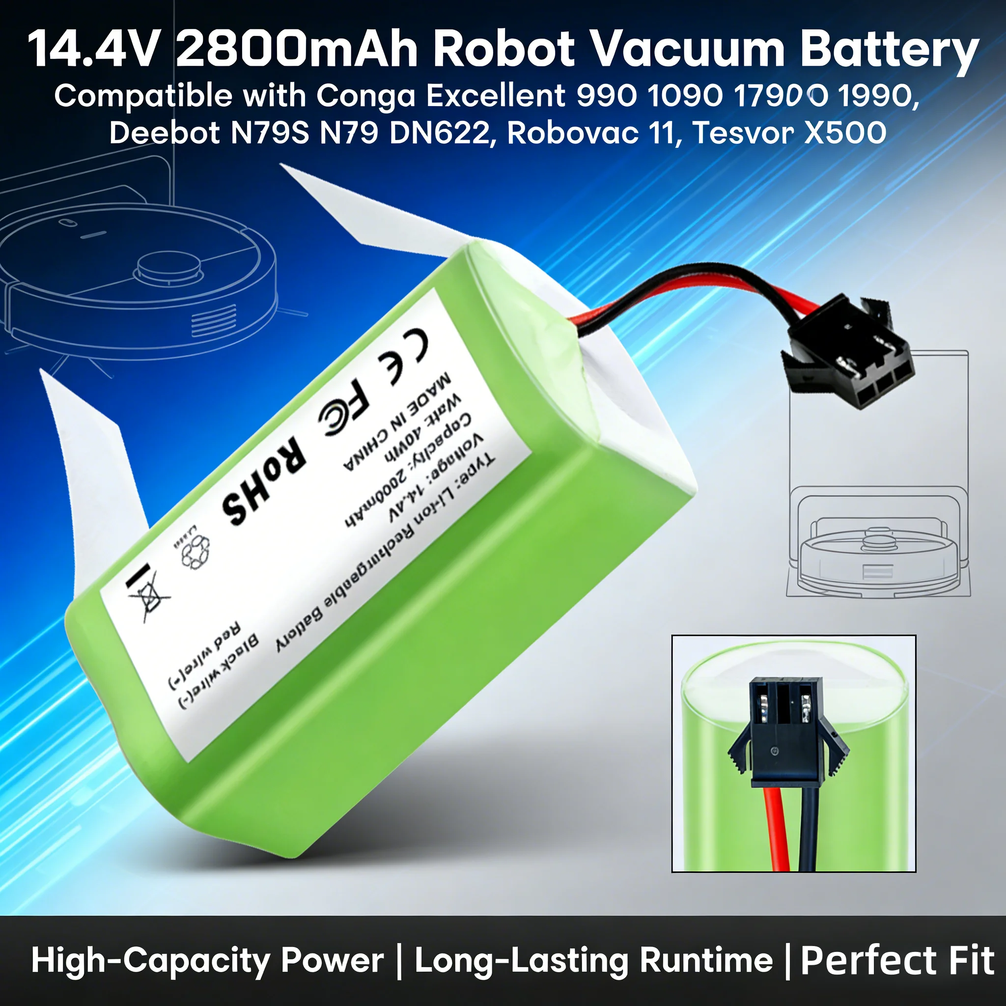 Premium 2800mAh Li-ion Replacement Battery Compatible with Lefant M210b/M501A/M520 &OKP K2 Robot Vacuum Cleaner High-Performance