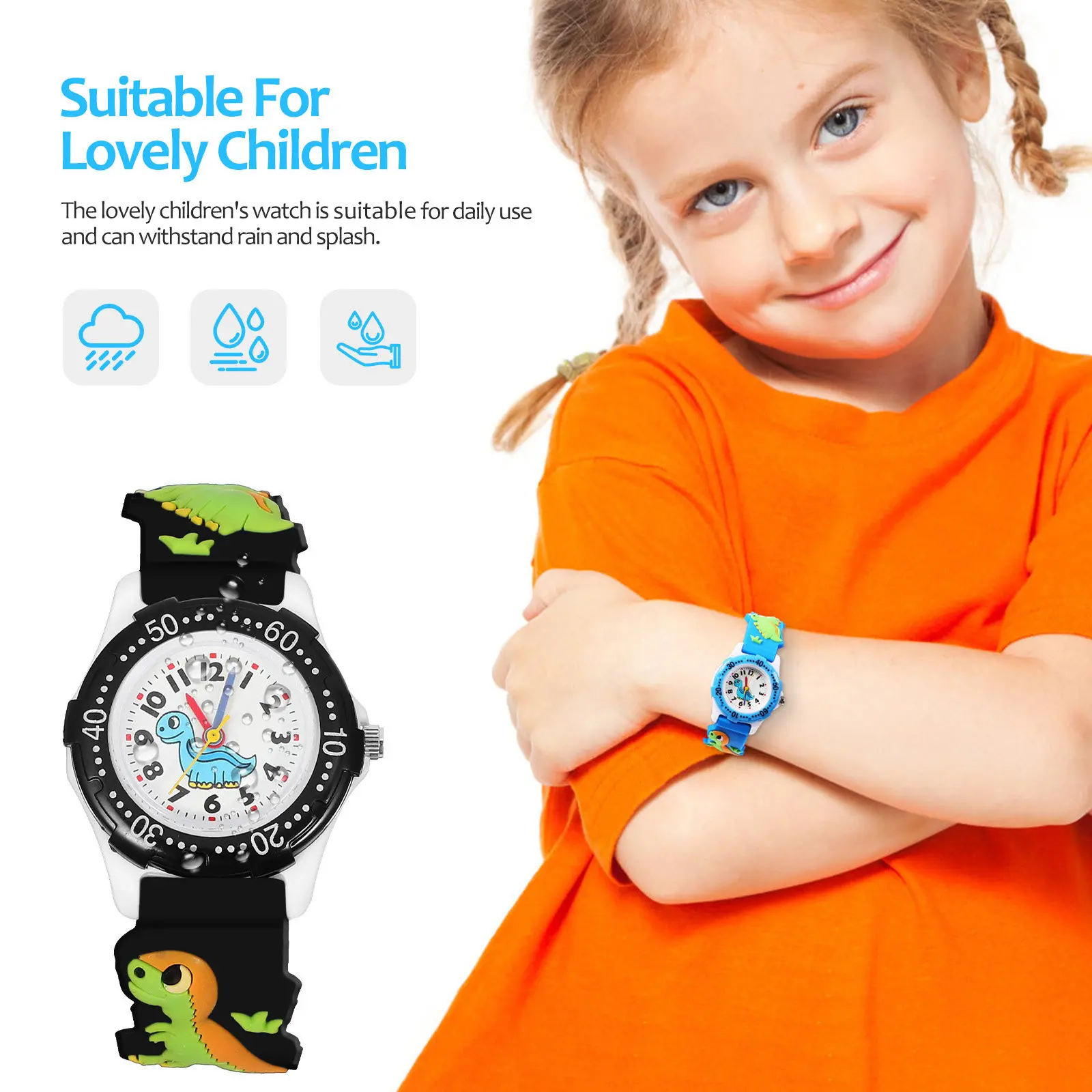 2Pcs Waterproof Watches Cartoon Dinosaur Design Clear Arabic Numerals Flexible PVC Strap Adjustable Size Quartz